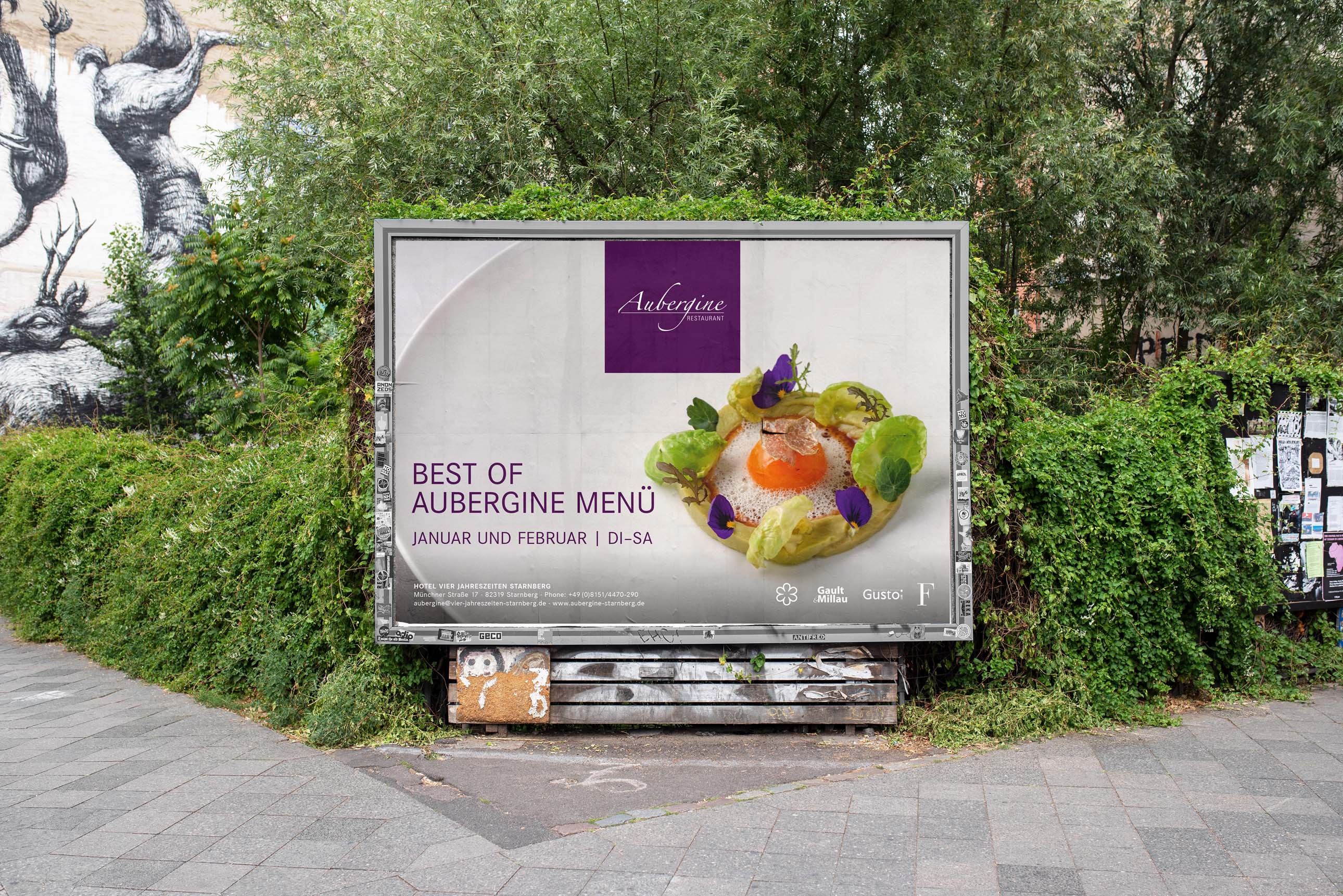 Großformatwerbung mit kulinarischen Motiven des Restaurant Aubergine Großformatwerbung mit kulinarischen Motiven des Restaurant Aubergine
